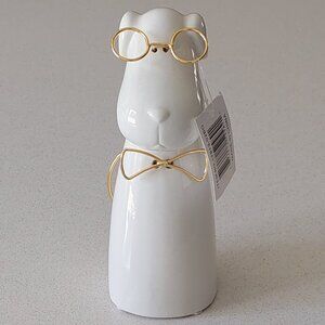 NWT Patrycja 7" White Ceramic Puppy with Gold Glasses, Bow Tie & Tail Figurine
